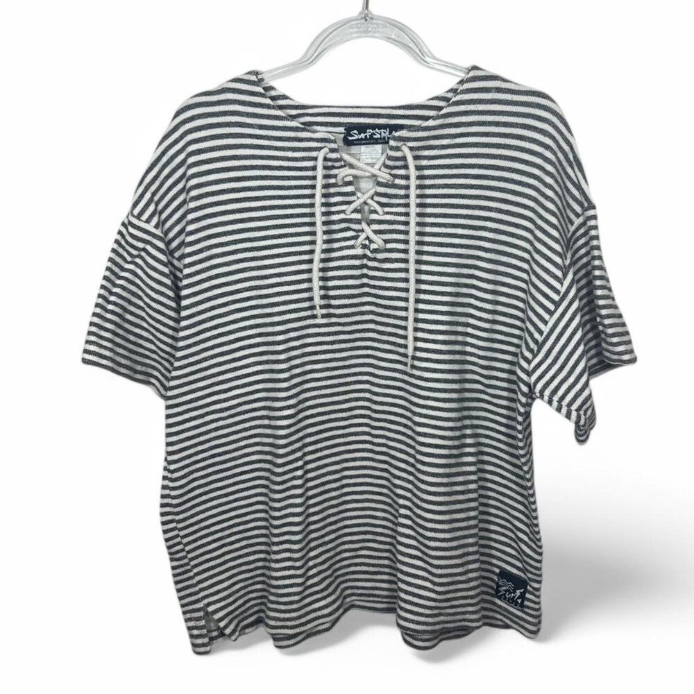 Vintage Surf Style Striped Top Boxy‎ Lace Up Made In USA